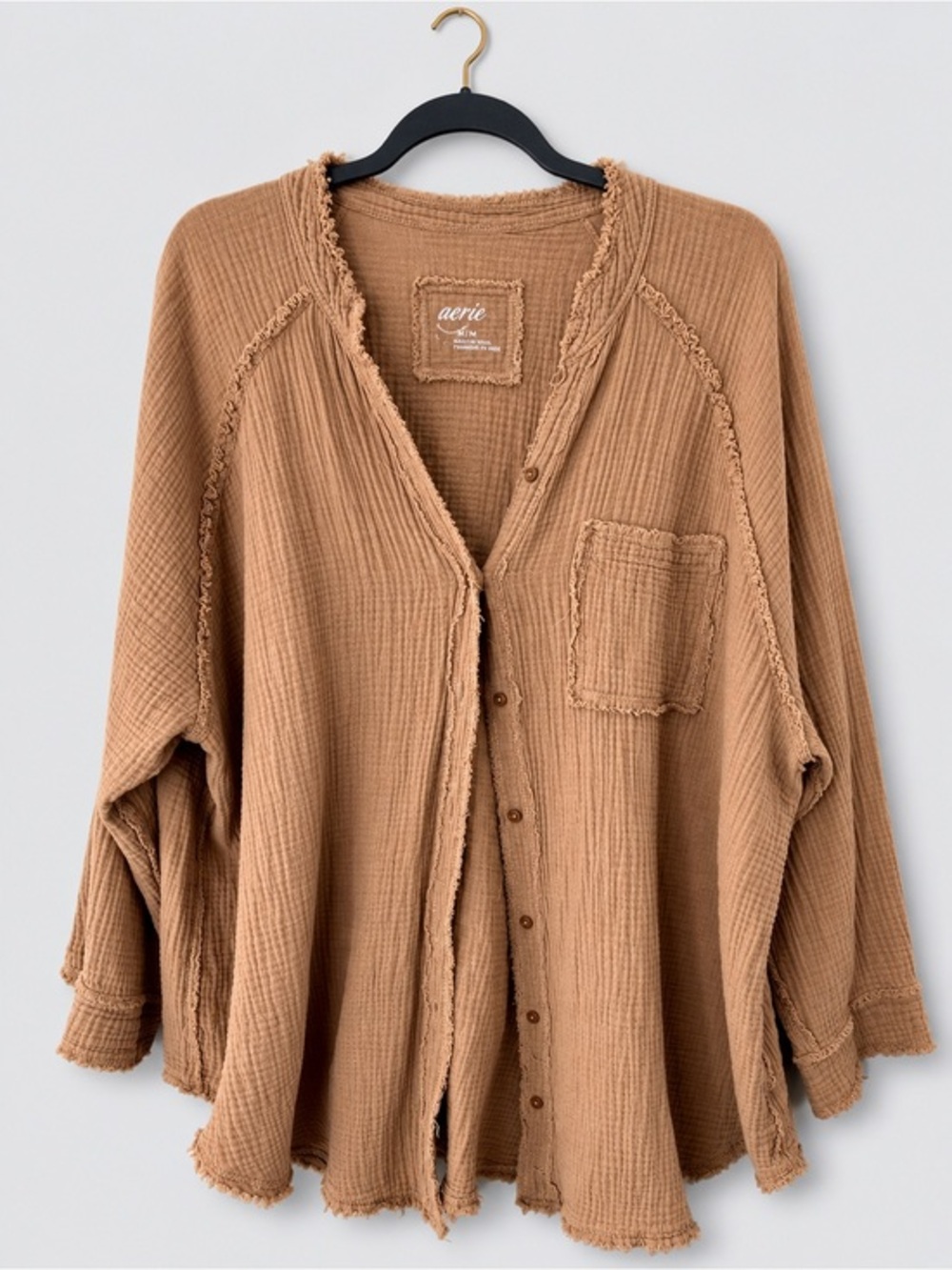 Aerie Oversized Double Gauze Button Front Shirt Shacket Camel Tan Raw Edge Boho